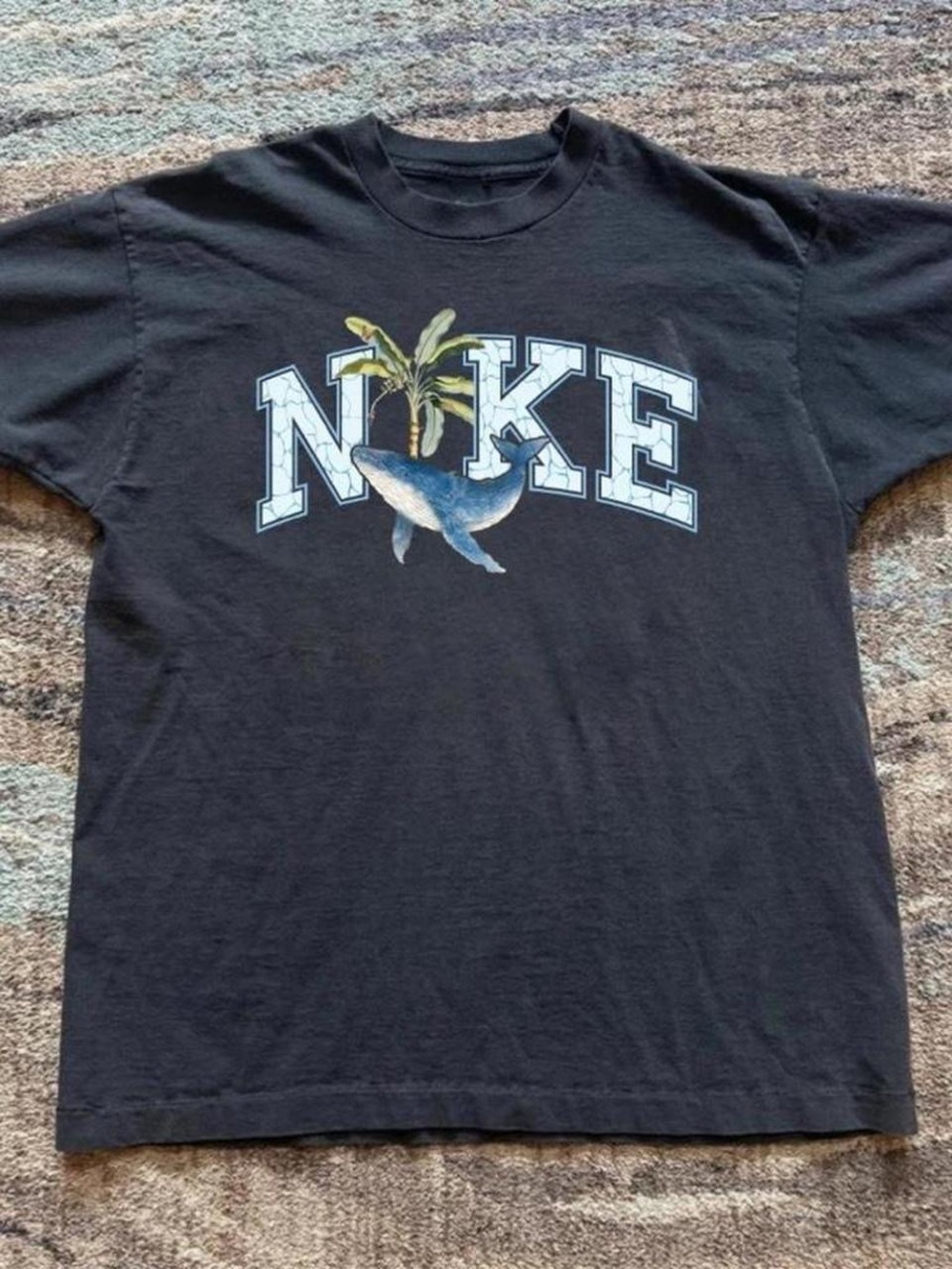 Gildan Black Short-Sleeve Tee with Blue Whale and Green Palm Graphic